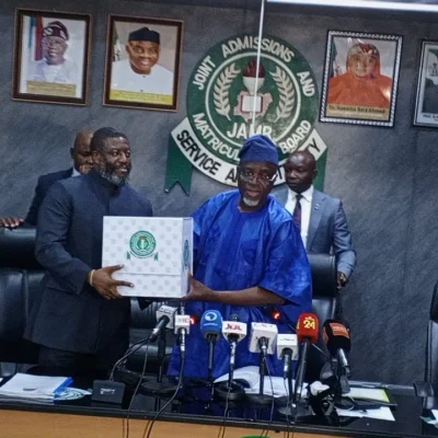Prof. Oloyede Hands Over to New JAMB Registrar Prof. Aina